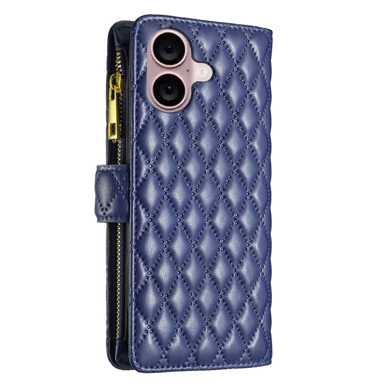 For iPhone 16 Plus Diamond Lattice Zipper Wallet Leather Flip Phone Case(Blue) - iPhone 16 Plus Cases by PMC Jewellery | Online Shopping South Africa | PMC Jewellery | Buy Now Pay Later Mobicred