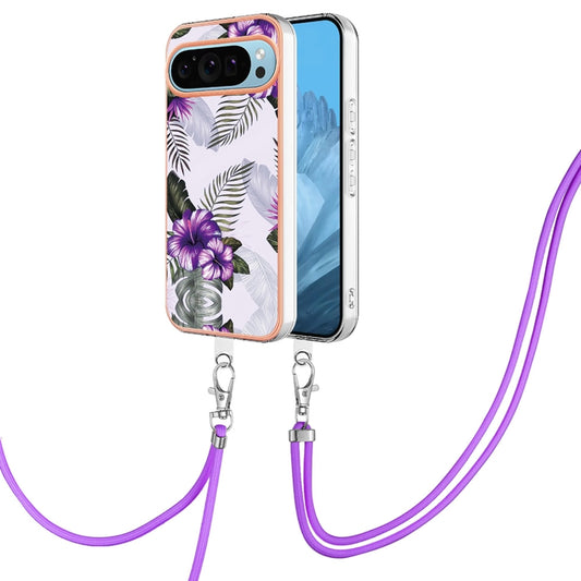 For Google Pixel 9 Pro XL Electroplating IMD TPU Phone Case with Lanyard(Purple Flower) - Google Cases by PMC Jewellery | Online Shopping South Africa | PMC Jewellery | Buy Now Pay Later Mobicred