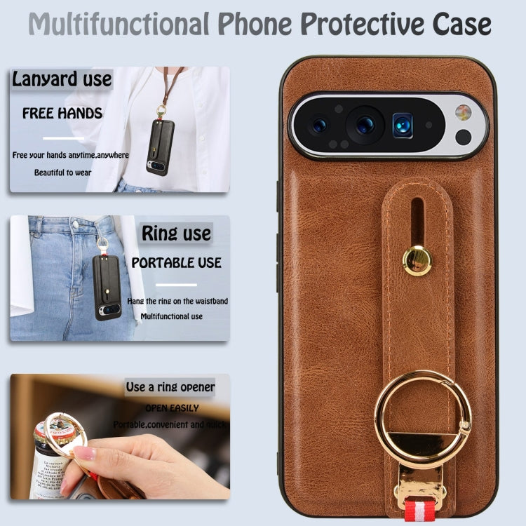 For Google Pixel 9 Wristband Leather Back Phone Case(Brown) - Google Cases by PMC TechLife | Online Shopping South Africa | PMC TechLife | Buy Now Pay Later Mobicred