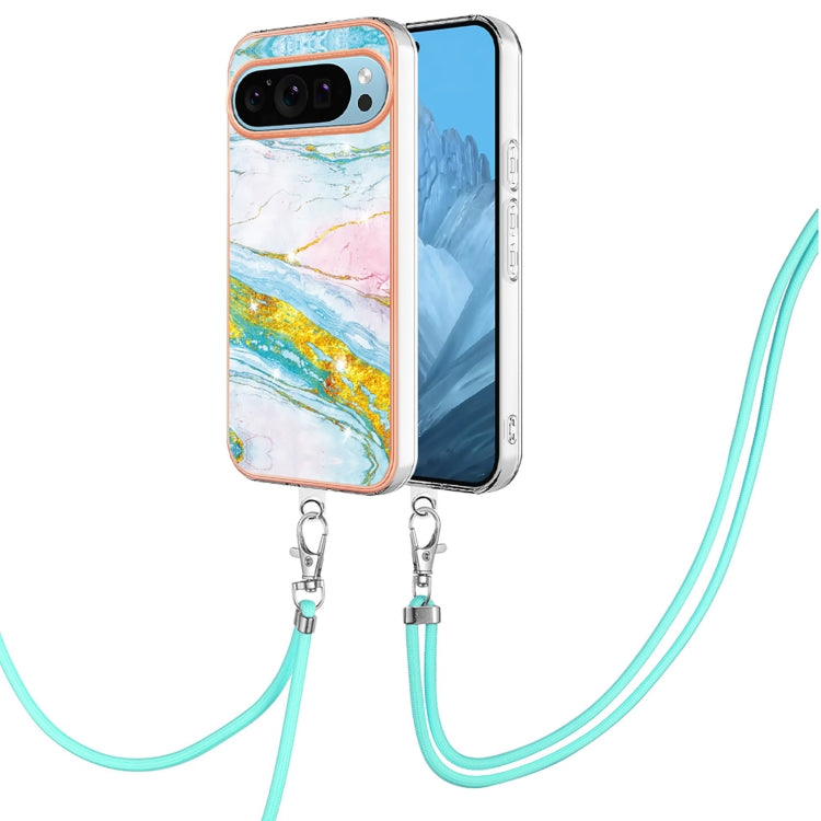 For Google Pixel 9 Pro XL Electroplating Marble Dual-side IMD Phone Case with Lanyard(Green 004) - Google Cases by PMC TechLife | Online Shopping South Africa | PMC TechLife | Buy Now Pay Later Mobicred
