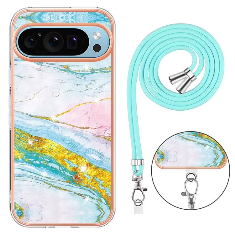 For Google Pixel 9 Pro XL Electroplating Marble Dual-side IMD Phone Case with Lanyard(Green 004) - Google Cases by PMC TechLife | Online Shopping South Africa | PMC TechLife | Buy Now Pay Later Mobicred