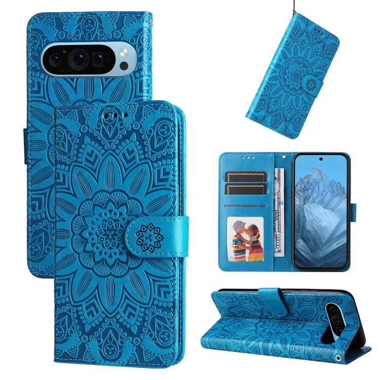 For Google Pixel 9 Embossed Sunflower Leather Phone Case(Blue) - Google Cases by PMC TechLife | Online Shopping South Africa | PMC TechLife | Buy Now Pay Later Mobicred