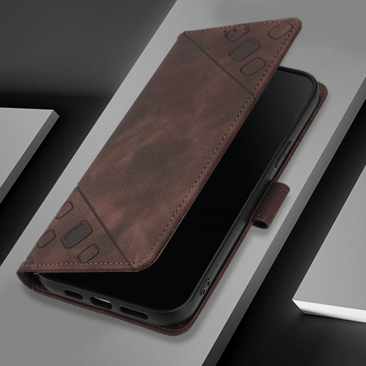 For iPhone 16 Skin-feel Embossed Leather Phone Case(Brown) - iPhone 16 Cases by PMC Jewellery | Online Shopping South Africa | PMC Jewellery | Buy Now Pay Later Mobicred