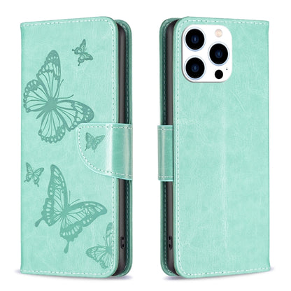 For iPhone 16 Pro Embossing Two Butterflies Pattern Leather Phone Case(Green) - iPhone 16 Pro Cases by PMC Jewellery | Online Shopping South Africa | PMC Jewellery | Buy Now Pay Later Mobicred