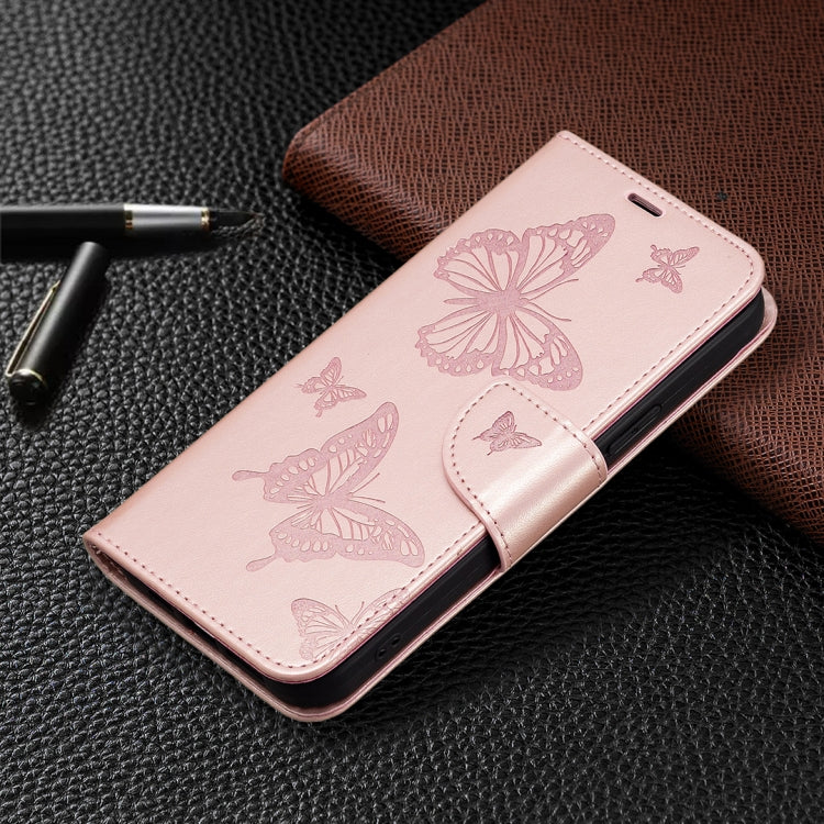 For iPhone 16 Embossing Two Butterflies Pattern Leather Phone Case(Rose Gold) - iPhone 16 Cases by PMC TechLife | Online Shopping South Africa | PMC TechLife | Buy Now Pay Later Mobicred