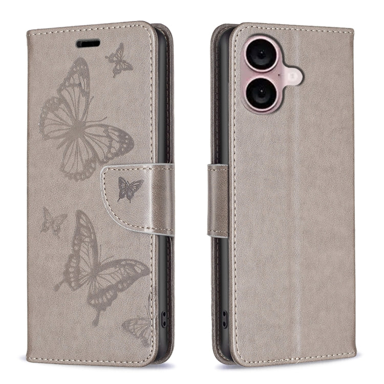 For iPhone 16 Embossing Two Butterflies Pattern Leather Phone Case(Grey) - iPhone 16 Cases by PMC Jewellery | Online Shopping South Africa | PMC Jewellery | Buy Now Pay Later Mobicred