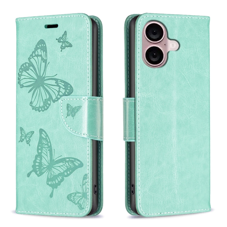 For iPhone 16 Plus Embossing Two Butterflies Pattern Leather Phone Case(Green) - iPhone 16 Plus Cases by PMC TechLife | Online Shopping South Africa | PMC TechLife | Buy Now Pay Later Mobicred