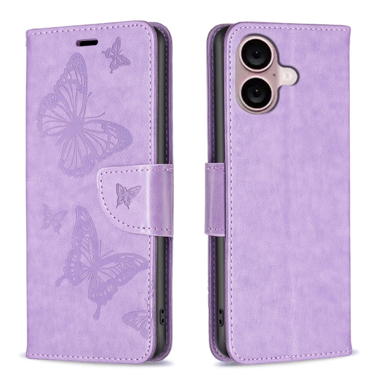 For iPhone 16 Plus Embossing Two Butterflies Pattern Leather Phone Case(Purple) - iPhone 16 Plus Cases by PMC Jewellery | Online Shopping South Africa | PMC Jewellery | Buy Now Pay Later Mobicred