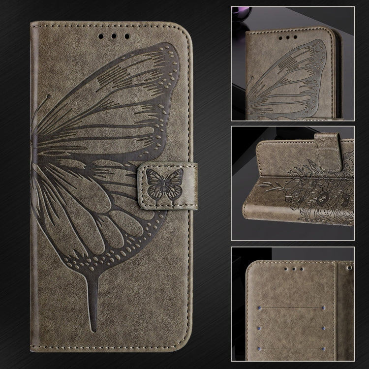 For iPhone 16 Plus Embossed Butterfly Leather Phone Case(Grey) - iPhone 16 Plus Cases by PMC TechLife | Online Shopping South Africa | PMC TechLife | Buy Now Pay Later Mobicred