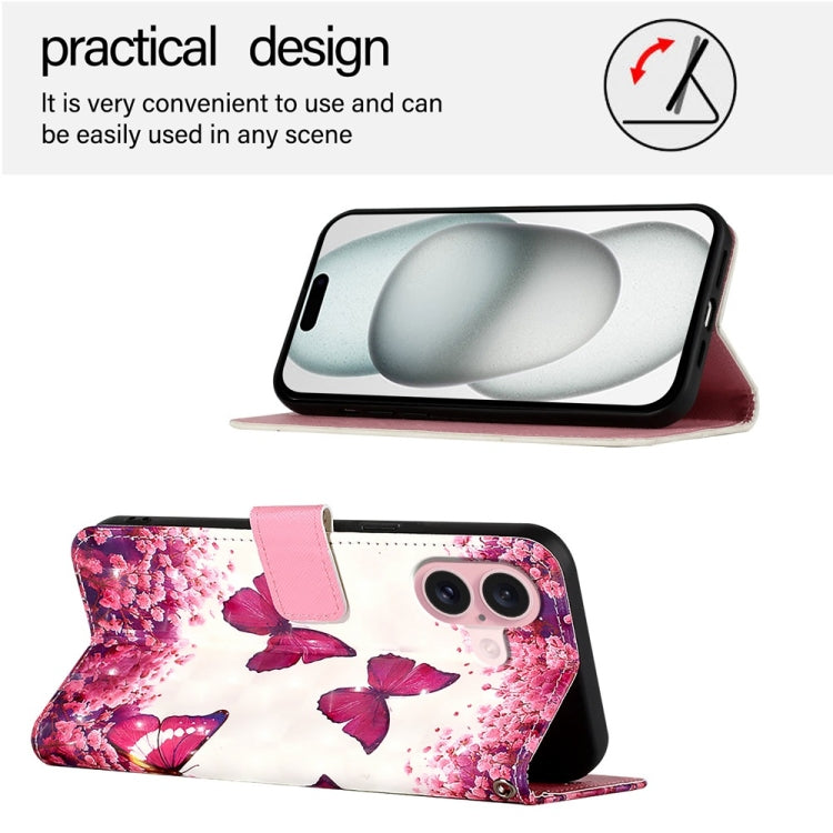 For iPhone 16 3D Painting Horizontal Flip Leather Phone Case(Rose Butterfly) - iPhone 16 Cases by PMC TechLife | Online Shopping South Africa | PMC TechLife | Buy Now Pay Later Mobicred