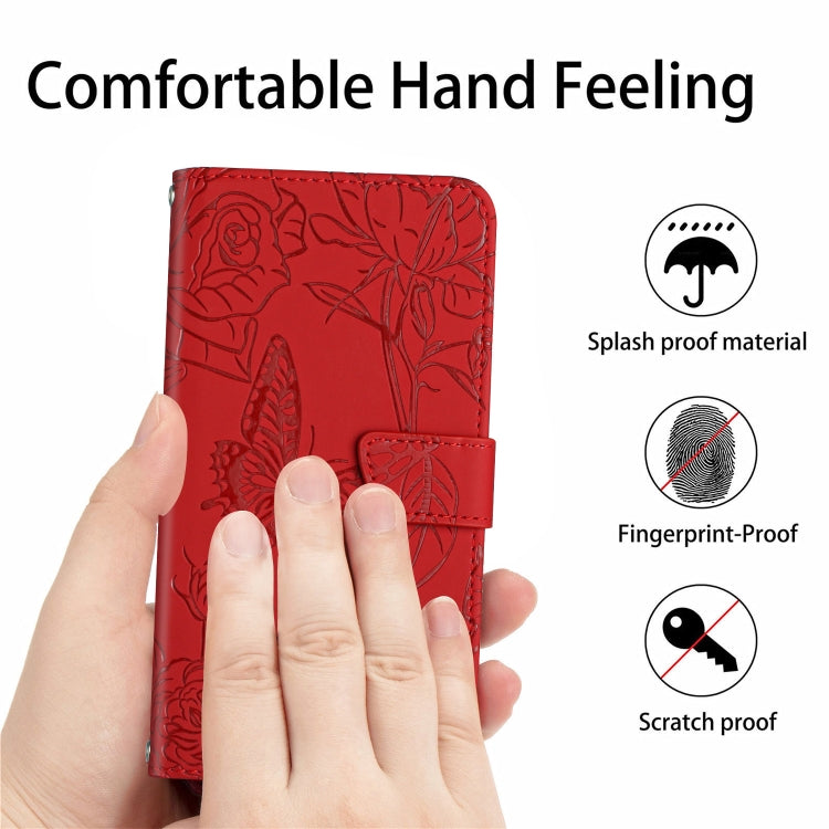 For OnePlus 12R 5G Global Skin Feel Butterfly Peony Embossed Leather Phone Case(Red) - OnePlus Cases by PMC Jewellery | Online Shopping South Africa | PMC Jewellery | Buy Now Pay Later Mobicred