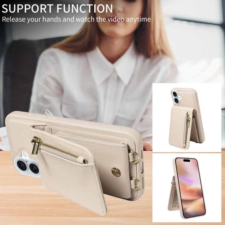 For iPhone 16 Plus Crossbody Lanyard Zipper Wallet Leather Phone Case(Beige) - iPhone 16 Plus Cases by PMC Jewellery | Online Shopping South Africa | PMC Jewellery | Buy Now Pay Later Mobicred