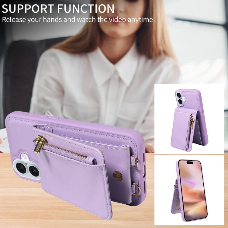 For iPhone 16 Plus Crossbody Lanyard Zipper Wallet Leather Phone Case(Purple) - free shipping - PMC Jewellery - Order now!