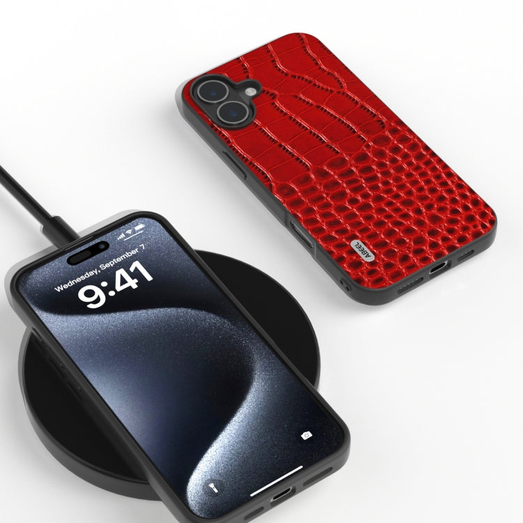 For iPhone 16 ABEEL Genuine Leather Crocodile Pattern Black Edge Phone Case(Red) - free shipping - PMC TechLife - Order now!