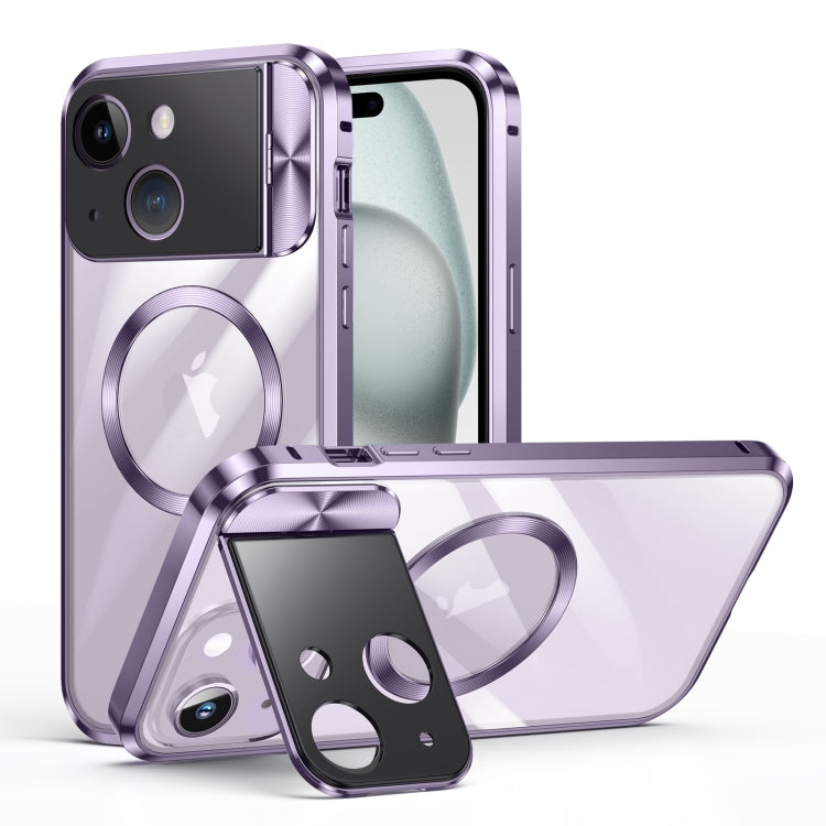 For iPhone 15 Large Window Holder MagSafe Magnetic Metal Phone Case(Purple) - iPhone 15 Cases by PMC Jewellery | Online Shopping South Africa | PMC Jewellery