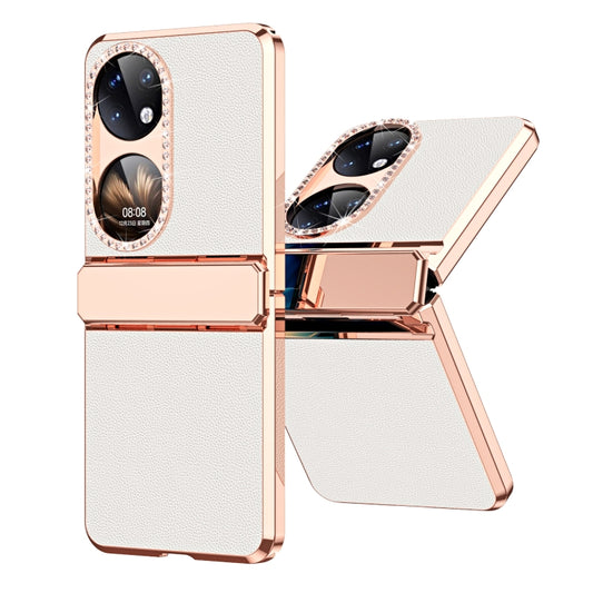 For Huawei P50 Pocket Plated Plain Leather Folding Phone Case with Hinge(White) - Huawei Cases by PMC Jewellery | Online Shopping South Africa | PMC Jewellery | Buy Now Pay Later Mobicred