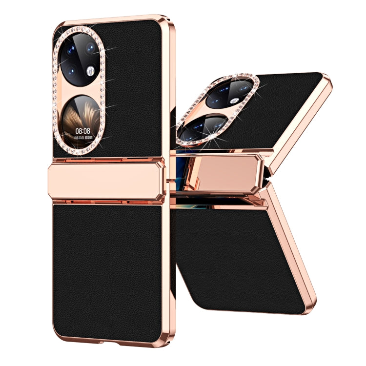 For Huawei P50 Pocket Plated Plain Leather Folding Phone Case with Hinge(Black) - Huawei Cases by PMC TechLife | Online Shopping South Africa | PMC TechLife | Buy Now Pay Later Mobicred