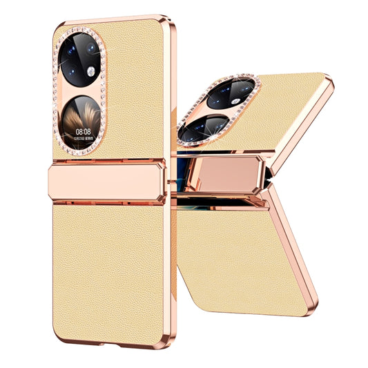 For Huawei P50 Pocket Plated Plain Leather Folding Phone Case with Hinge(Gold) - Huawei Cases by PMC Jewellery | Online Shopping South Africa | PMC Jewellery | Buy Now Pay Later Mobicred