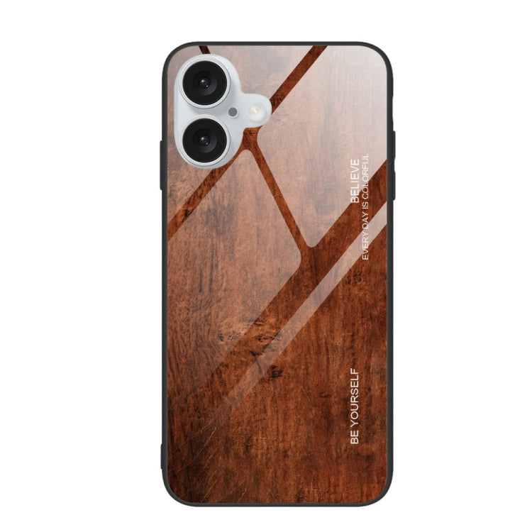 For iPhone 16 Wood Grain Glass Phone Case(Dark Brown) - iPhone 16 Cases by PMC TechLife | Online Shopping South Africa | PMC TechLife | Buy Now Pay Later Mobicred