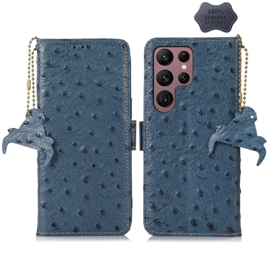 For Samsung Galaxy S24 Ultra Ostrich Pattern Genuine Leather RFID Phone Case(Blue) - Galaxy Phone Cases by PMC Jewellery | Online Shopping South Africa | PMC Jewellery | Buy Now Pay Later Mobicred