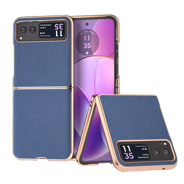 For Motorola Razr 40 Nano Electroplating Genuine Leather + PC Litchi Texture Phone Case(Blue) - Motorola Cases by PMC TechLife | Online Shopping South Africa | PMC TechLife | Buy Now Pay Later Mobicred