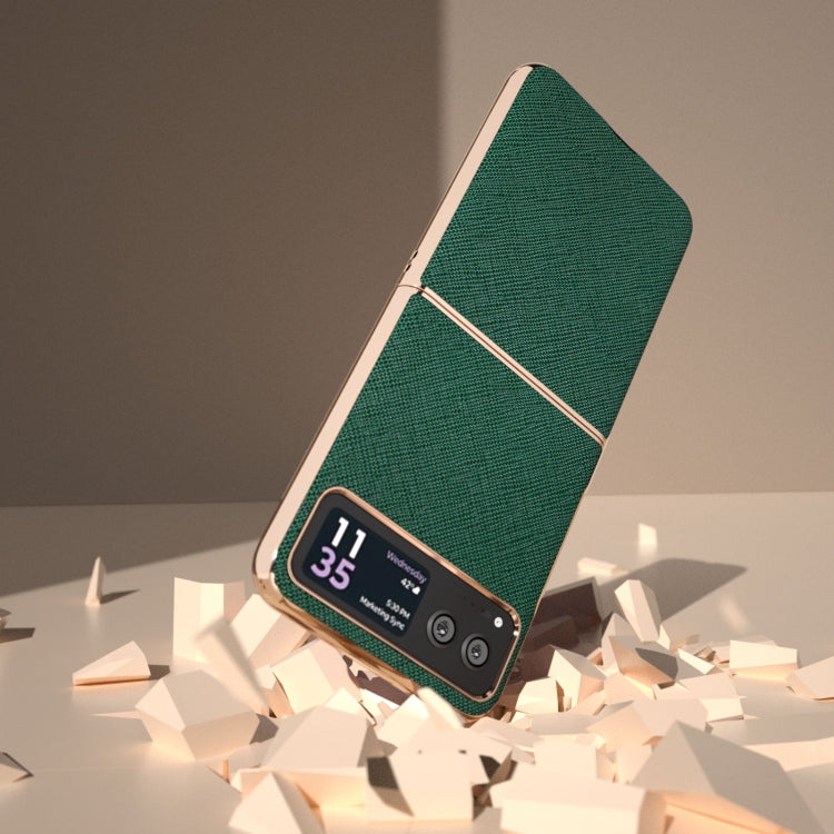 For Motorola Razr 40 Nano Electroplating Cross Texture Genuine Leather Phone Case(Green) - Motorola Cases by PMC TechLife | Online Shopping South Africa | PMC TechLife | Buy Now Pay Later Mobicred