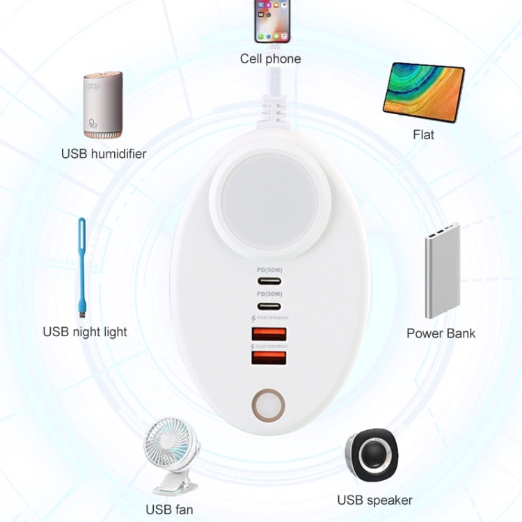 YF-106 USB- C / Type-Cx2+USBx2 Oval PD Socket Phone Charger with Light, Plug Type:UK Plug(White) - Multifunction Charger by PMC Jewellery | Online Shopping South Africa | PMC Jewellery | Buy Now Pay Later Mobicred