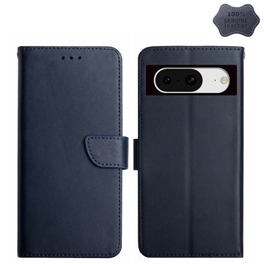 For Google Pixel 8a HT02 Genuine Leather Fingerprint-proof Flip Phone Case(Blue) - Google Cases by PMC Jewellery | Online Shopping South Africa | PMC Jewellery | Buy Now Pay Later Mobicred