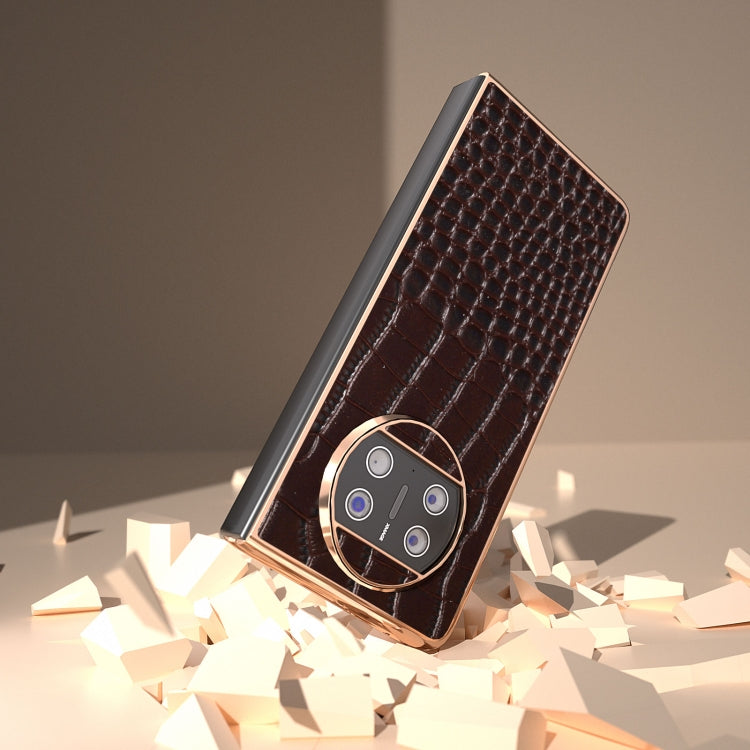 For Huawei Mate X3 Nano Plating Genuine Leather Crocodile Pattern Phone Case(Coffee) - Huawei Cases by PMC TechLife | Online Shopping South Africa | PMC TechLife | Buy Now Pay Later Mobicred
