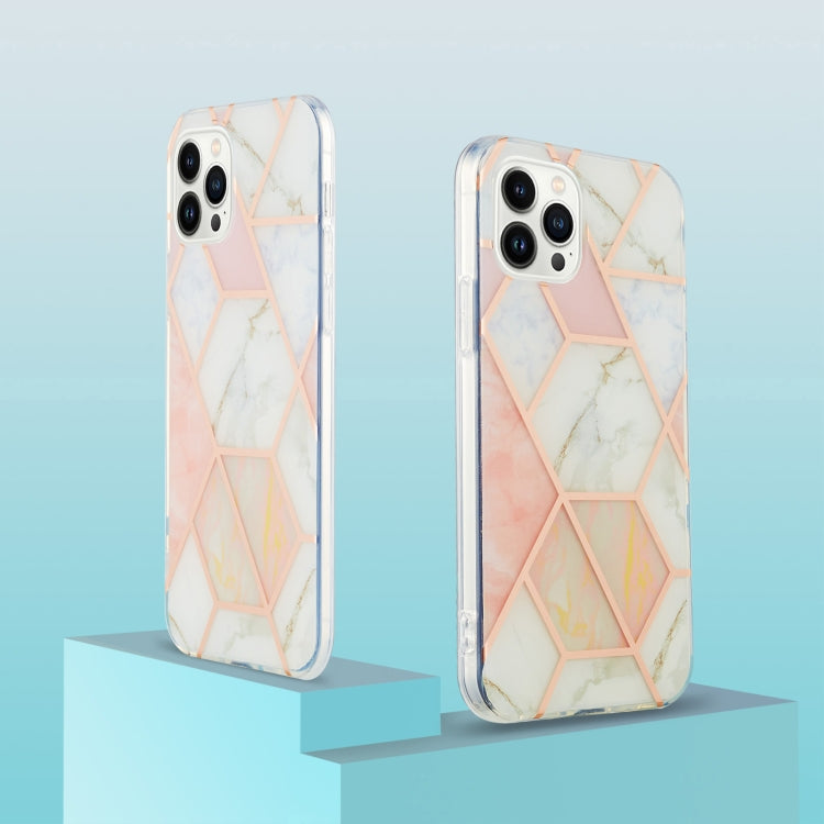 For iPhone 16 Pro Max Electroplating Splicing Marble Flower Pattern Dual-side IMD TPU Shockproof Phone Case(Pink White) - free shipping - PMC TechLife - Order now!
