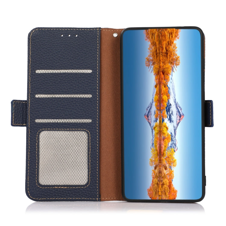 For OnePlus Nord 3 KHAZNEH Side-Magnetic Litchi Genuine Leather RFID Phone Case(Blue) - OnePlus Cases by PMC TechLife | Online Shopping South Africa | PMC TechLife | Buy Now Pay Later Mobicred