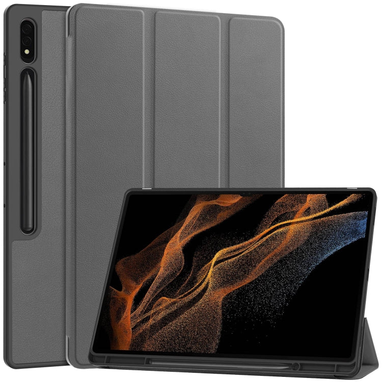 For Samsung Galaxy Tab S10 Ultra / S9 Ultra 3-Fold Pure Color TPU Smart Leather Tablet Case with Pen Slot(Grey) - Galaxy Tab S9 Ultra Cases by PMC Jewellery | Online Shopping South Africa | PMC Jewellery | Buy Now Pay Later Mobicred