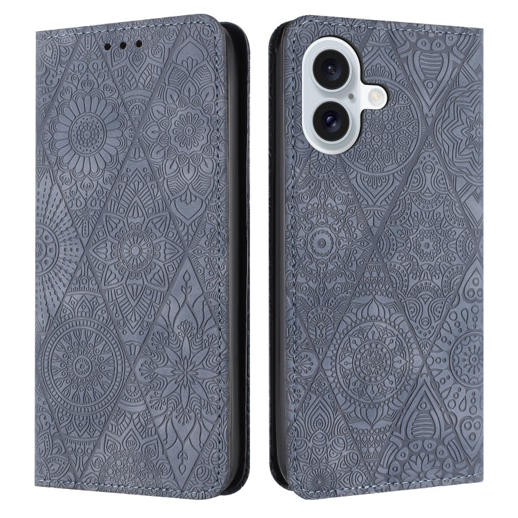 For iPhone 16 Plus Ethnic Embossed Adsorption Leather Phone Case(Grey) - iPhone 16 Plus Cases by PMC Jewellery | Online Shopping South Africa | PMC Jewellery | Buy Now Pay Later Mobicred