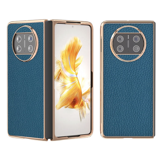 For Huawei Mate X3 Electroplating Genuine Leather Litchi Texture Phone Case(Blue) - Huawei Cases by PMC Jewellery | Online Shopping South Africa | PMC Jewellery | Buy Now Pay Later Mobicred