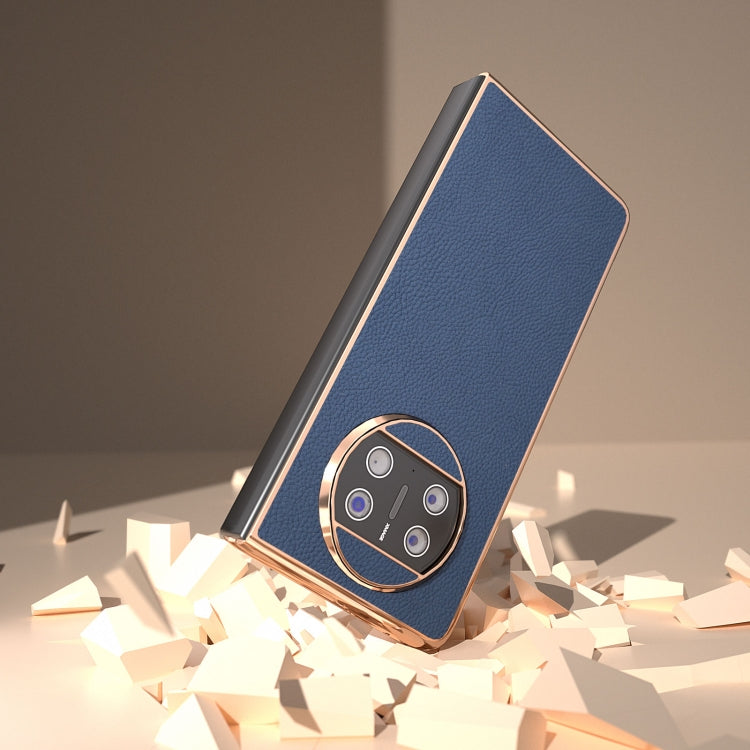 For Huawei Mate X3 Electroplating Genuine Leather + PC Litchi Texture Phone Case(Blue) - Huawei Cases by PMC TechLife | Online Shopping South Africa | PMC TechLife | Buy Now Pay Later Mobicred