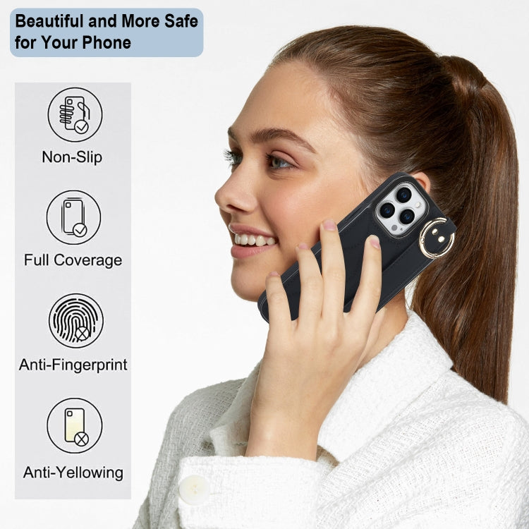For iPhone 14 Pro Non-slip Full Coverage Ring PU Phone Case with Wristband(Black) - iPhone 14 Pro Cases by PMC TechLife | Online Shopping South Africa | PMC TechLife
