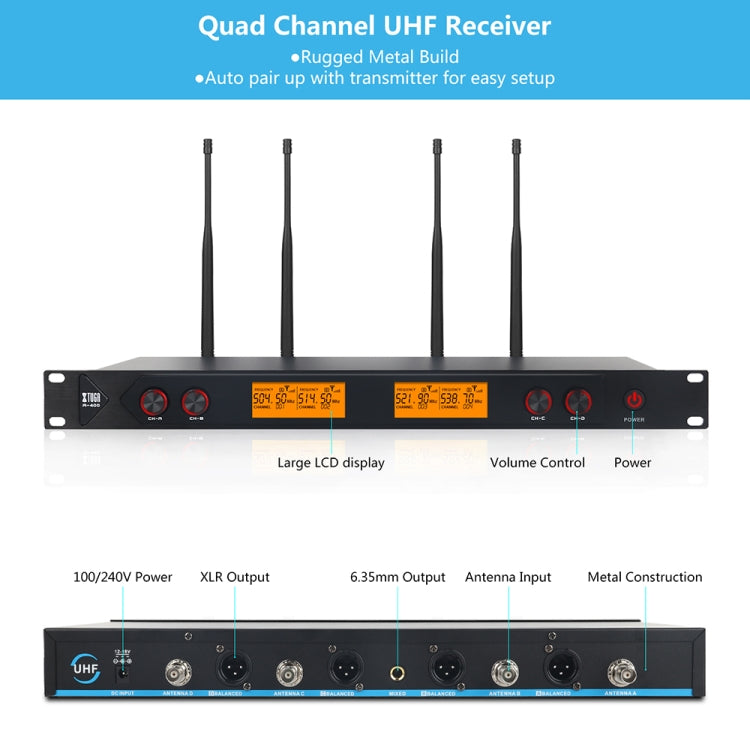 XTUGA A400-B Professional 4-Channel UHF Wireless Microphone System with 4 BodyPack Lavalier Headset Microphone(AU Plug) - Microphone by XTUGA | Online Shopping South Africa | PMC Jewellery | Buy Now Pay Later Mobicred