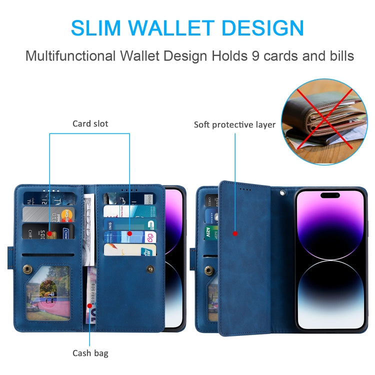 For iPhone 16 Plus Nine Card Zipper Bag Leather Phone Case with Lanyard(Blue) - iPhone 16 Plus Cases by PMC Jewellery | Online Shopping South Africa | PMC Jewellery | Buy Now Pay Later Mobicred