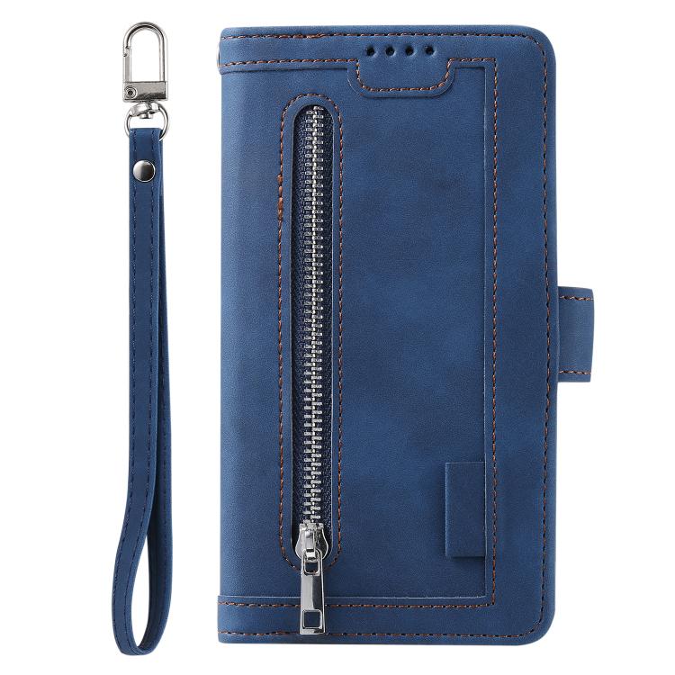 For iPhone 16e Nine Card Zipper Bag Leather Phone Case with Lanyard(Blue) - iPhone 16e Cases by PMC TechLife | Online Shopping South Africa | PMC TechLife | Buy Now Pay Later Mobicred