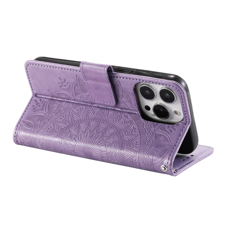 For iPhone 16 Pro Totem Flower Embossed Leather Phone Case(Purple) - iPhone 16 Pro Cases by PMC Jewellery | Online Shopping South Africa | PMC Jewellery | Buy Now Pay Later Mobicred