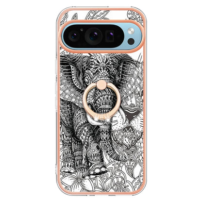 For Google Pixel 9 / 9 Pro Electroplating Dual-side IMD Phone Case with Ring Holder(Totem Elephant) - Google Cases by PMC Jewellery | Online Shopping South Africa | PMC Jewellery | Buy Now Pay Later Mobicred