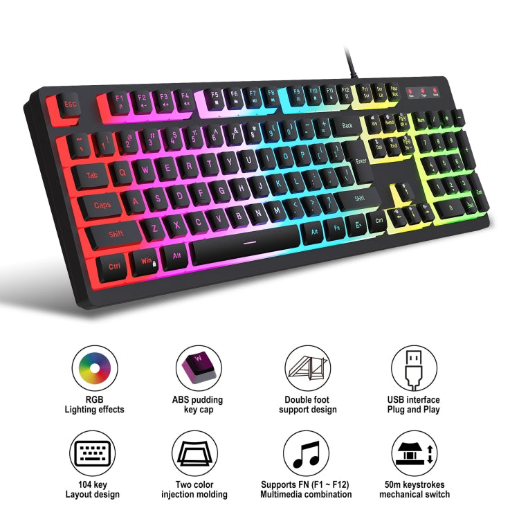 HXSJ L200 Wired RGB Backlit Keyboard 104 Pudding Key Caps(White) - Wired Keyboard by HXSJ | Online Shopping South Africa | PMC Jewellery | Buy Now Pay Later Mobicred