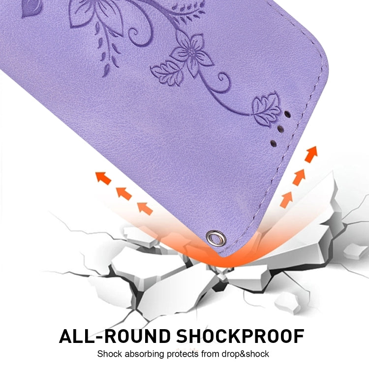 For iPhone 16e Lily Embossed Leather Phone Case(Purple) - iPhone 16e Cases by PMC TechLife | Online Shopping South Africa | PMC TechLife | Buy Now Pay Later Mobicred