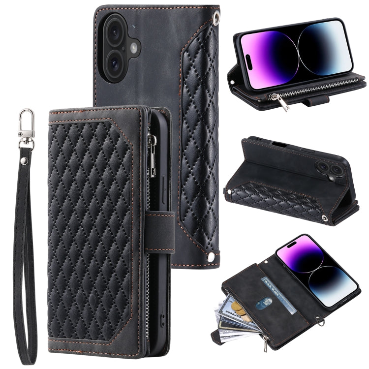 For iPhone 16 Plus Grid Texture Zipper Leather Phone Case with Lanyard(Black) - iPhone 16 Plus Cases by PMC Jewellery | Online Shopping South Africa | PMC Jewellery | Buy Now Pay Later Mobicred