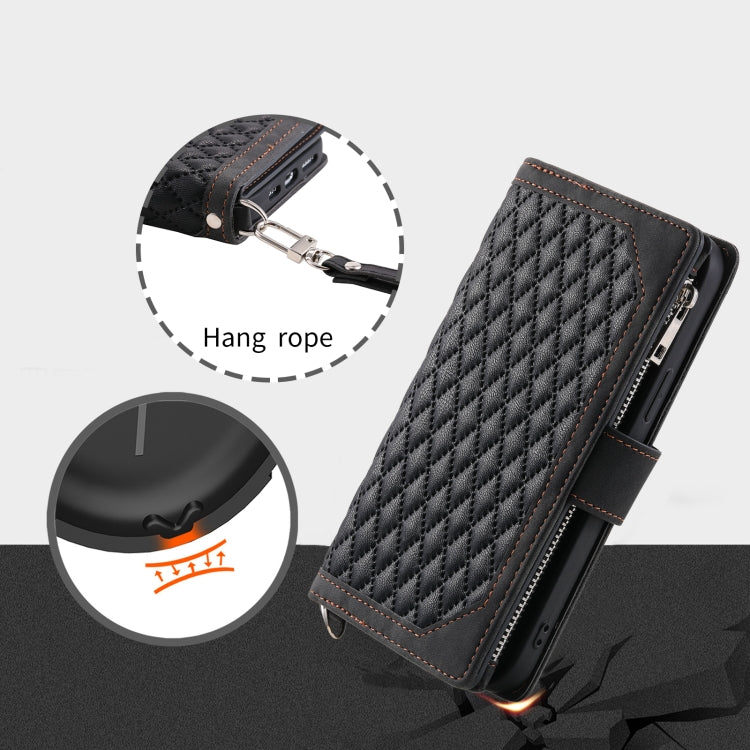 For iPhone 16 Plus Grid Texture Zipper Leather Phone Case with Lanyard(Black) - iPhone 16 Plus Cases by PMC TechLife | Online Shopping South Africa | PMC TechLife | Buy Now Pay Later Mobicred