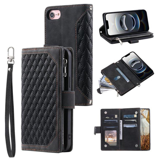 For iPhone 16e Grid Texture Zipper Leather Phone Case with Lanyard(Black) - iPhone 16e Cases by PMC Jewellery | Online Shopping South Africa | PMC Jewellery | Buy Now Pay Later Mobicred