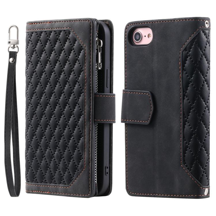 For iPhone 16e Grid Texture Zipper Leather Phone Case with Lanyard(Black) - iPhone 16e Cases by PMC TechLife | Online Shopping South Africa | PMC TechLife | Buy Now Pay Later Mobicred
