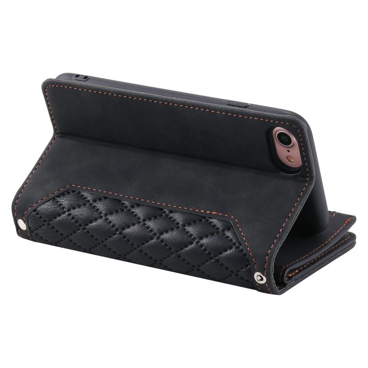 For iPhone 16e Grid Texture Zipper Leather Phone Case with Lanyard(Black) - iPhone 16e Cases by PMC TechLife | Online Shopping South Africa | PMC TechLife | Buy Now Pay Later Mobicred