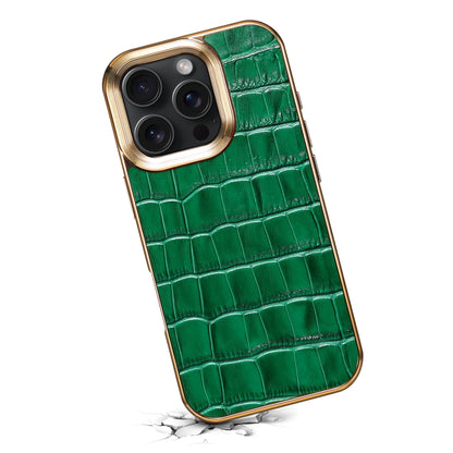 For iPhone 16 Pro Denior Crocodile Texture Genuine Leather Electroplating Phone Case(Green) - More iPhone Cases by Denior | Online Shopping South Africa | PMC Jewellery | Buy Now Pay Later Mobicred