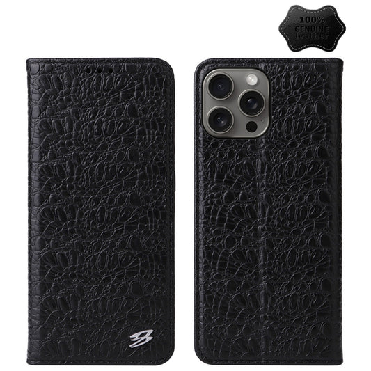 For iPhone 16 Pro Max Fierre Shann Crocodile Texture Magnetic Genuine Leather Phone Case(Black) - iPhone 16 Pro Max Cases by FIERRE SHANN | Online Shopping South Africa | PMC Jewellery | Buy Now Pay Later Mobicred